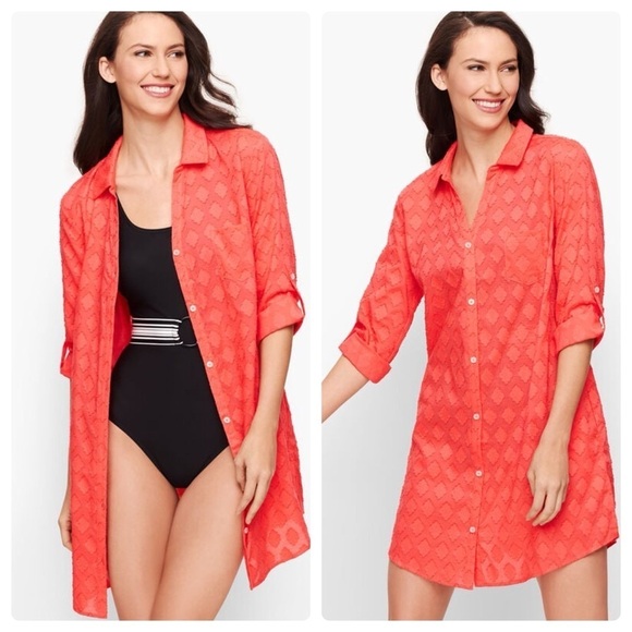 Talbots Medallion Jacquard Beach Shirt Swim CoverUp 100% Cotton size Small - Picture 3 of 11